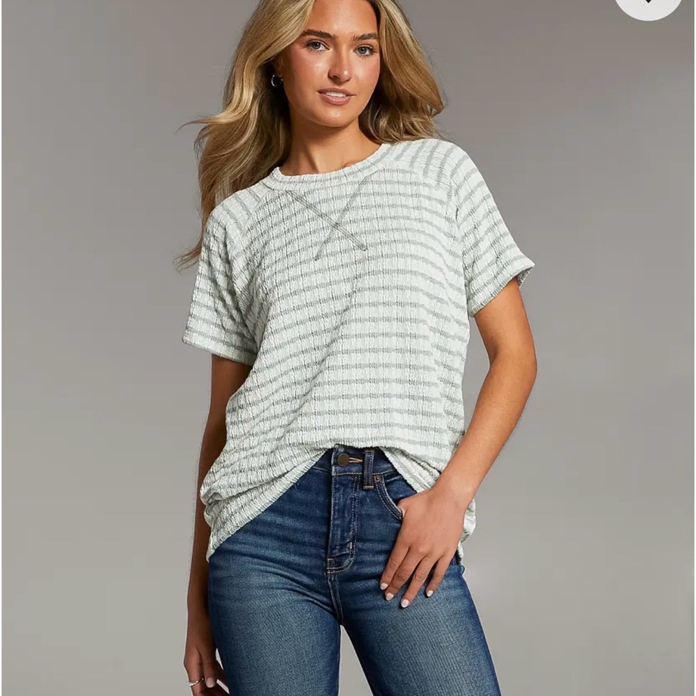 BKE Striped Textured Knit Top - Sage Green & Ivory